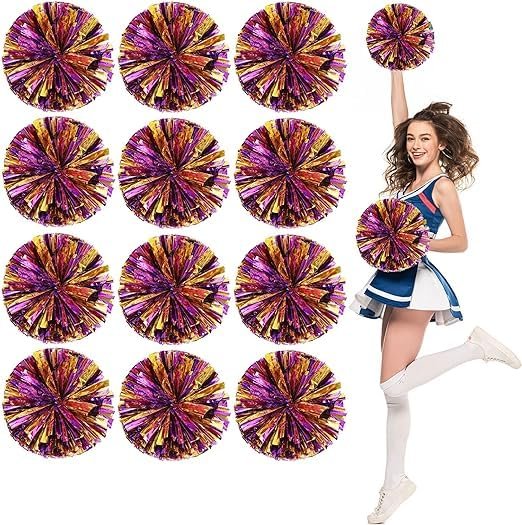 Cheerleader Pom Poms, 12 Pack Cheer Pom Pom Sports Dance Cheer Plastic Pom Poms Cheerleading for Sports Team Spirit Cheering (30cn, Purple+Gold)