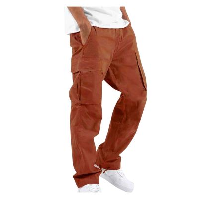 dingk Cotton and Hemp Mans Work Breathable Sports Jogging Pants Regular Fit Loose Pants with Pockets Baggy Cargo Pants Men Men Baggy Pants (Color : Orange, Size : 4X-Large)
