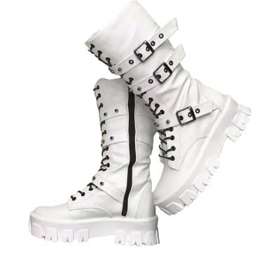 ZKXYFFS Womens Goth Ankle Booties Chunky High Heel Mid Calf Boots Side Zip Combat Boots Lace Up Punk Rivet Boots Motorcycle Platform Boots for Women