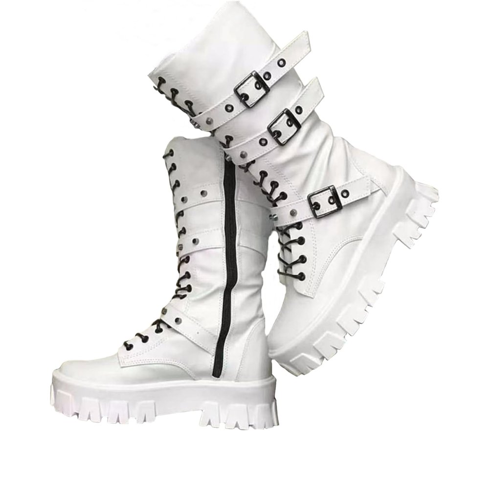 ZKXYFFS Womens Goth Ankle Booties Chunky High Heel Mid Calf Boots Side Zip Combat Boots Lace Up Punk Rivet Boots Motorcycle Platform Boots for Women