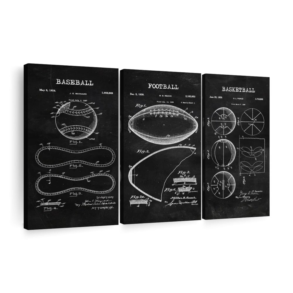 ElephantStock Sports Balls Compilation BW Patent Multi Piece Canvas - 3 Panel Decor - Decorations for Boys - Sports Patent Wall Art and Office Decor - 33" X 20"