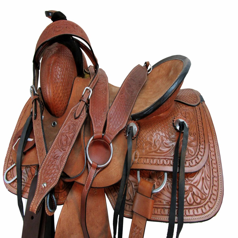 Western Saddle Pleasure Trail Ranch Barrel Racing Horse Ride Tooled Leather Cowboy Rodeo Hard SEAT Saddles 15 16 17 18 FQHB (18 Inch, Basket Snake Tooled)