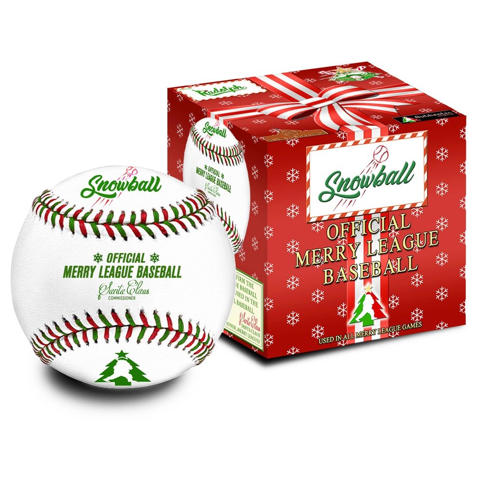 Rudolph Official Christmas Baseball of The Merry Leagues. Pitcher, Catcher, Batter Christmas Baseball Gift. (Snowball)