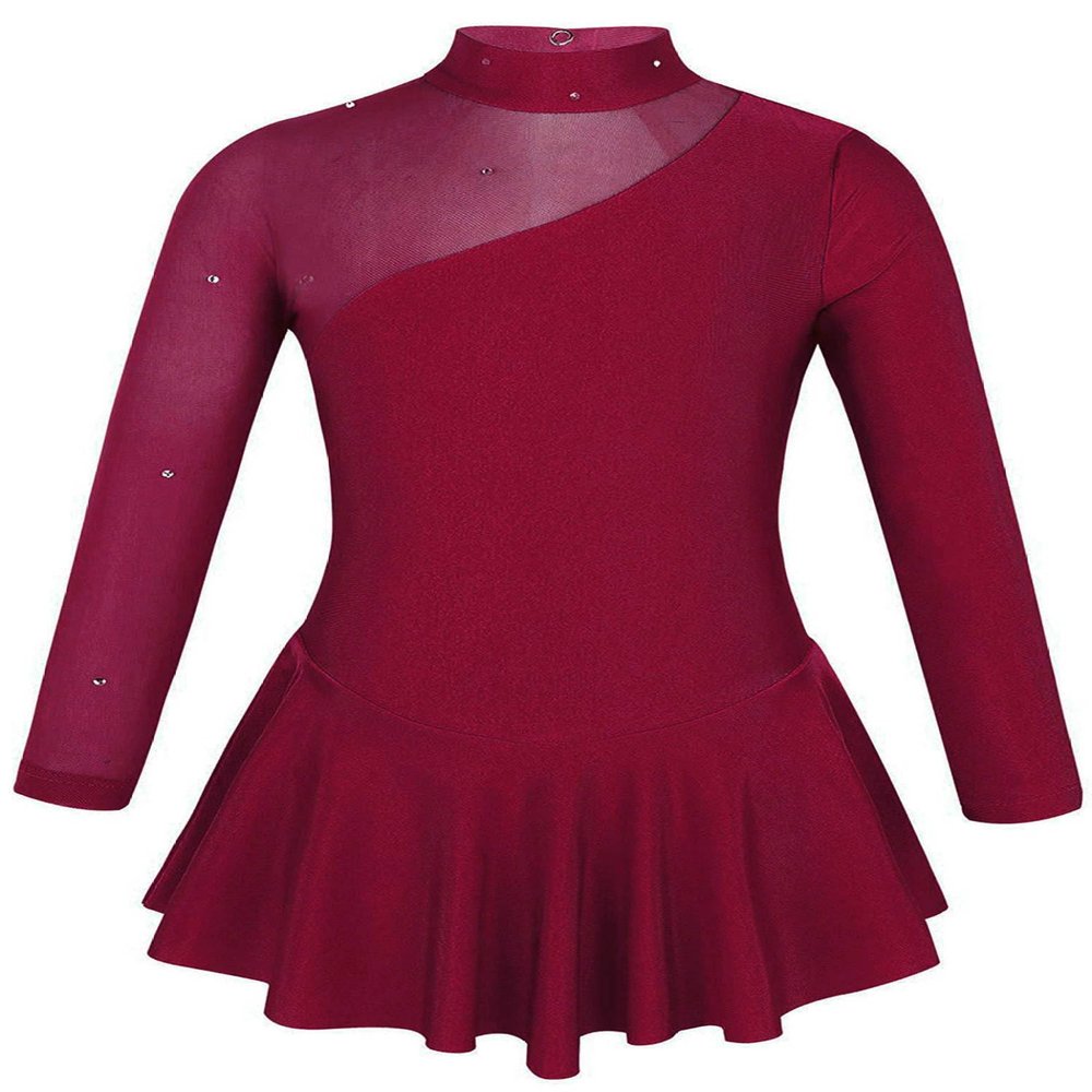 Loloda Kids Girls Long Sleeve Mock Neck Ballet Dance Dress Figure Ice Skating Skirted Leotard Dancewear Burgundy 6 Years