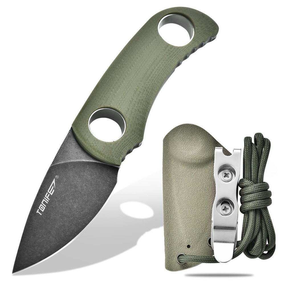 TONIFE Runer Fixed Neck Knife with Scabbard and Lanyard 1.85'' Full Tang Blade Edc Neck Knife for Outdoor (Green+Black Oxide then Stonewash)
