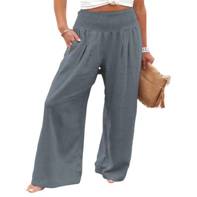 Leyoutx Womens Cotton Linen Pants Wide Leg High Waist Long Palazzo Trousers with Pocket (Large,Grey)