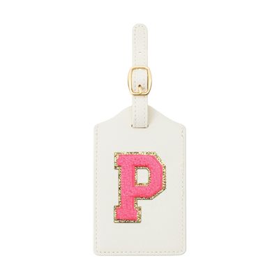Embroidered Luggage Tag  Initial Bag Tag for Suitcase, Backpack, Carry-On, Duffel  Faux Leather Travel Accessory, Name Identifier, ID Label for Travel Bags (P, White Leather+Rose Red Letter)