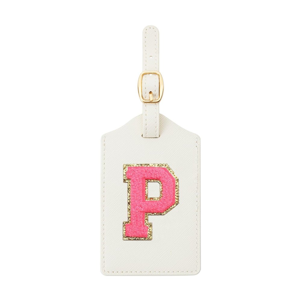 Embroidered Luggage Tag  Initial Bag Tag for Suitcase, Backpack, Carry-On, Duffel  Faux Leather Travel Accessory, Name Identifier, ID Label for Travel Bags (P, White Leather+Rose Red Letter)