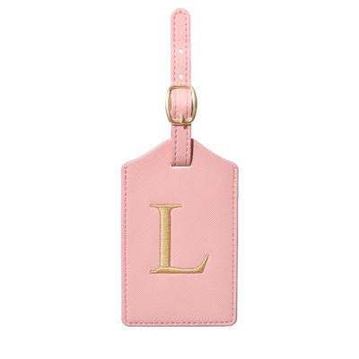 Initial Luggage Tag, PU Leather Luggage Tag, Embroidered Luggage Tag, Letter Luggage Tag, Monogrammed Luggage Tag, Luggage Tag for Baggage Bag Suitcase (L, Pink Leather+Champagne Gold Letter)