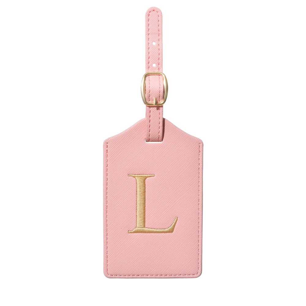 Initial Luggage Tag, PU Leather Luggage Tag, Embroidered Luggage Tag, Letter Luggage Tag, Monogrammed Luggage Tag, Luggage Tag for Baggage Bag Suitcase (L, Pink Leather+Champagne Gold Letter)