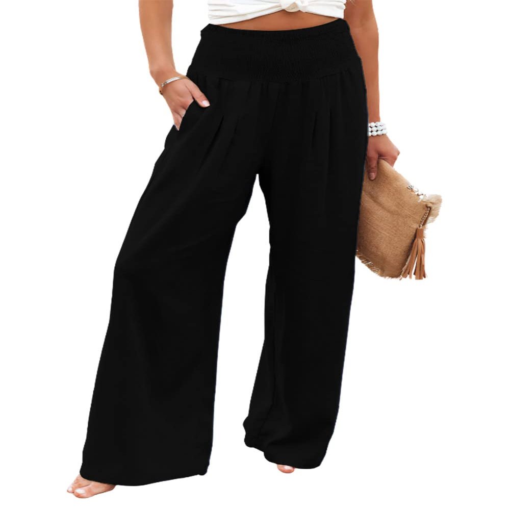 Leyoutx Womens Cotton Linen Pants Wide Leg High Waist Long Palazzo Trousers with Pocket (Large,Black)