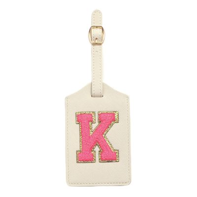 Initial Luggage Tag, PU Leather Luggage Tag, Embroidered Luggage Tag, Letter Luggage Tag, Monogrammed Luggage Tag, Luggage Tag for Baggage Bag Suitcase (K, White Leather+Rose Red Letter)