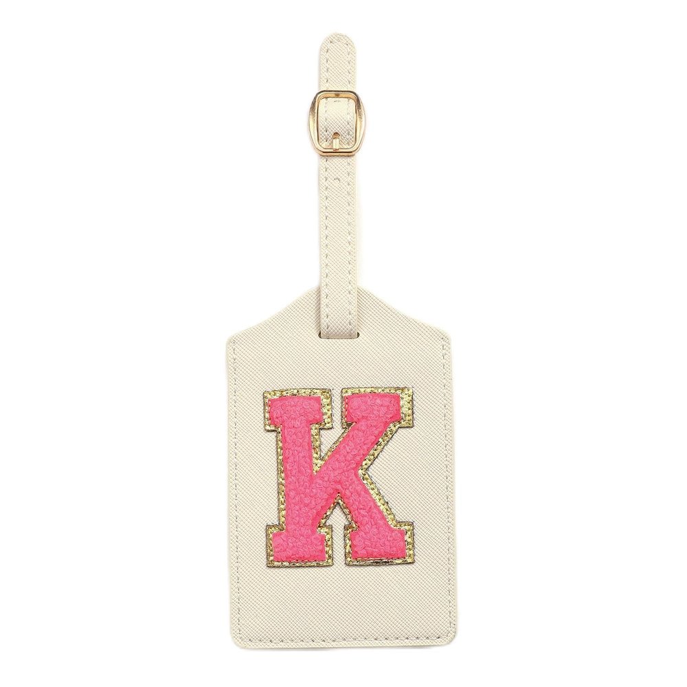 Initial Luggage Tag, PU Leather Luggage Tag, Embroidered Luggage Tag, Letter Luggage Tag, Monogrammed Luggage Tag, Luggage Tag for Baggage Bag Suitcase (K, White Leather+Rose Red Letter)