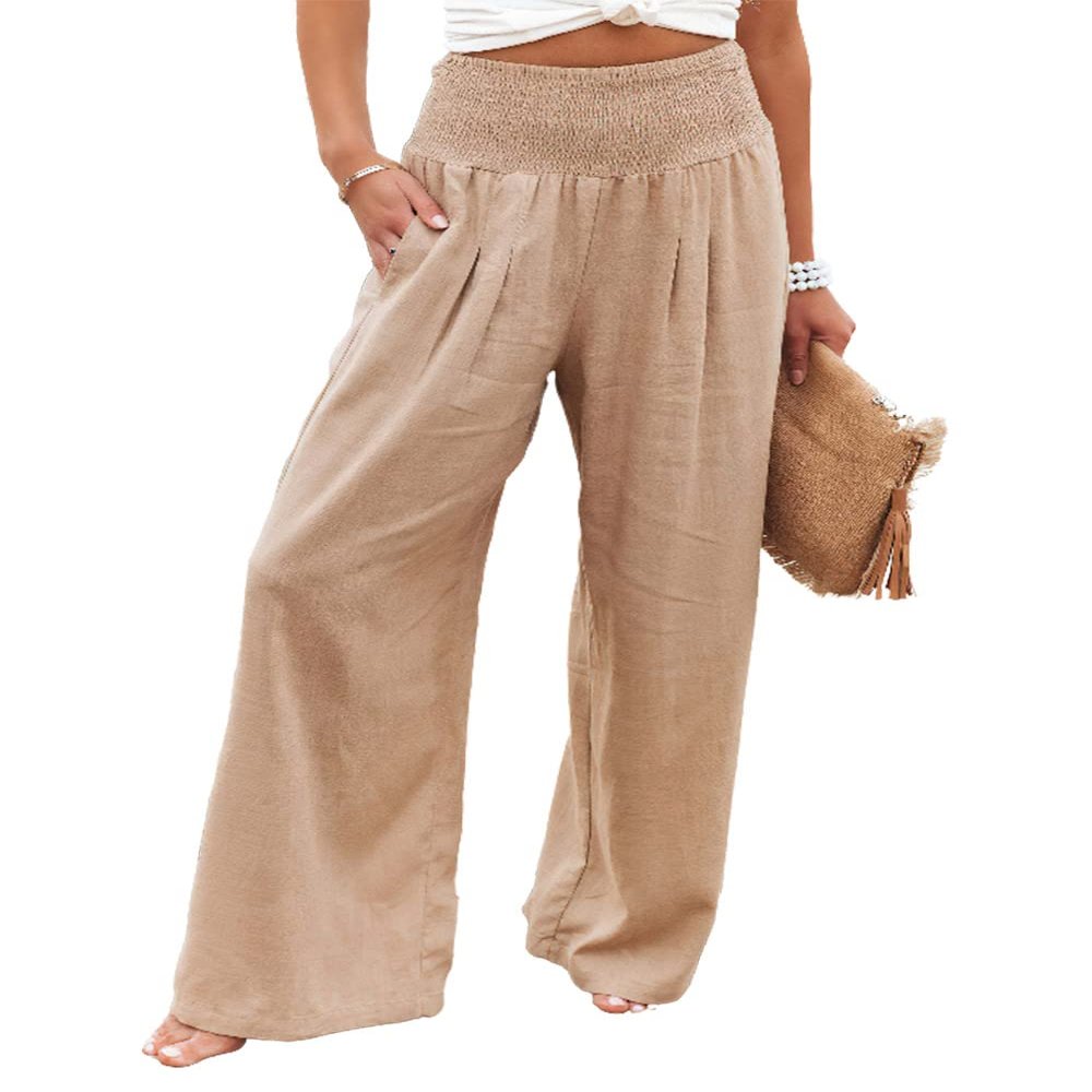 Leyoutx Womens Cotton Linen Pants Wide Leg High Waist Long Palazzo Trousers with Pocket (X-Small,Khaki)