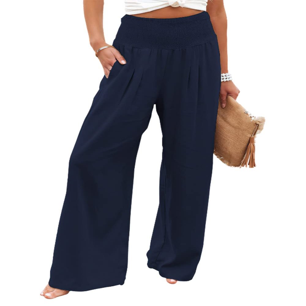 Leyoutx Womens Cotton Linen Pants Wide Leg High Waist Long Palazzo Trousers with Pocket (Large,Dark Blue)