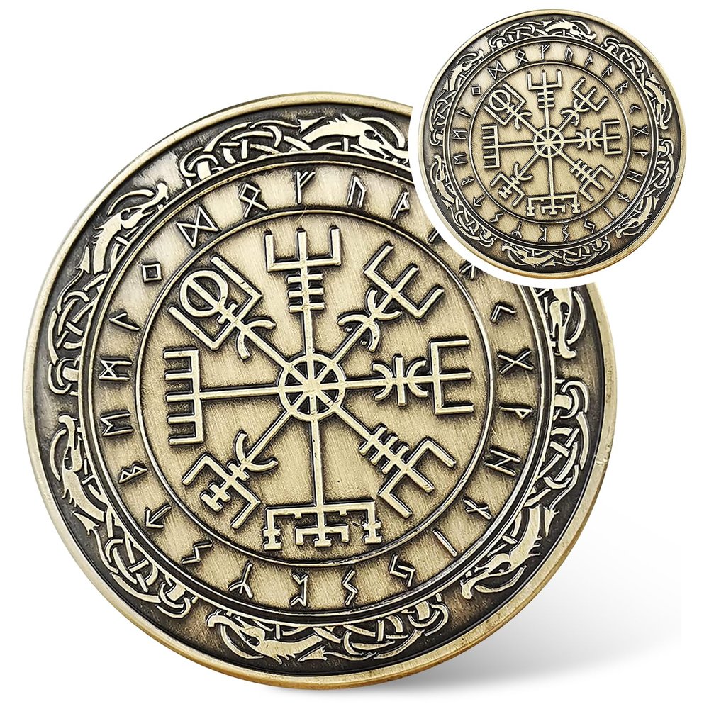 Viking Vegvisir Coin - Viking Runes Compass Coin - Norse Mythology Protective Talisman Amulet - Viking Gifts for Men Women