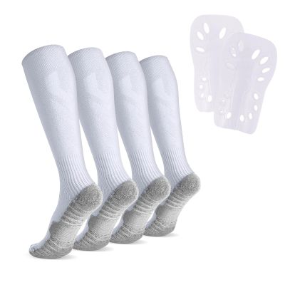 Linkidea Kids Soccer Socks with Shin Guards, 2 Pairs Breathable Knee High Socks with Lightweight Shin Pads, Long Sleeve Cushion Socks for Child 7-9 Years Over The Calf Soccer Socks (White, M)