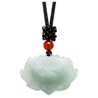 Vesppears Natural Feng Shui Green Jade Necklace Pendant for Women Genuine Yoga Jadeite Run White Lotus Flower Sacred