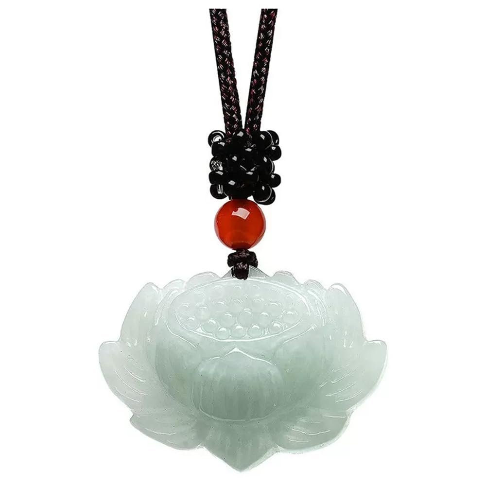Vesppears Natural Feng Shui Green Jade Necklace Pendant for Women Genuine Yoga Jadeite Run White Lotus Flower Sacred