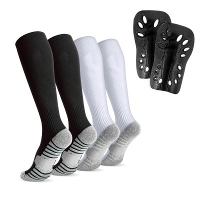 Linkidea Kids Soccer Socks with Shin Guards, 2 Pairs Breathable Knee High Socks with Lightweight Shin Pads, Long Sleeve Cushion Socks for Child 4-6 Years Over Calf Soccer Socks (Black&White, S)