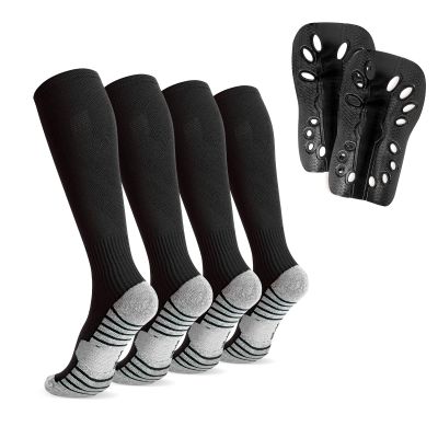 Linkidea Kids Soccer Socks with Shin Guards, 2 Pairs Breathable Knee High Socks with Lightweight Shin Pads, Long Sleeve Cushion Socks for Child 7-9 Years Over The Calf Soccer Socks (Black, M)