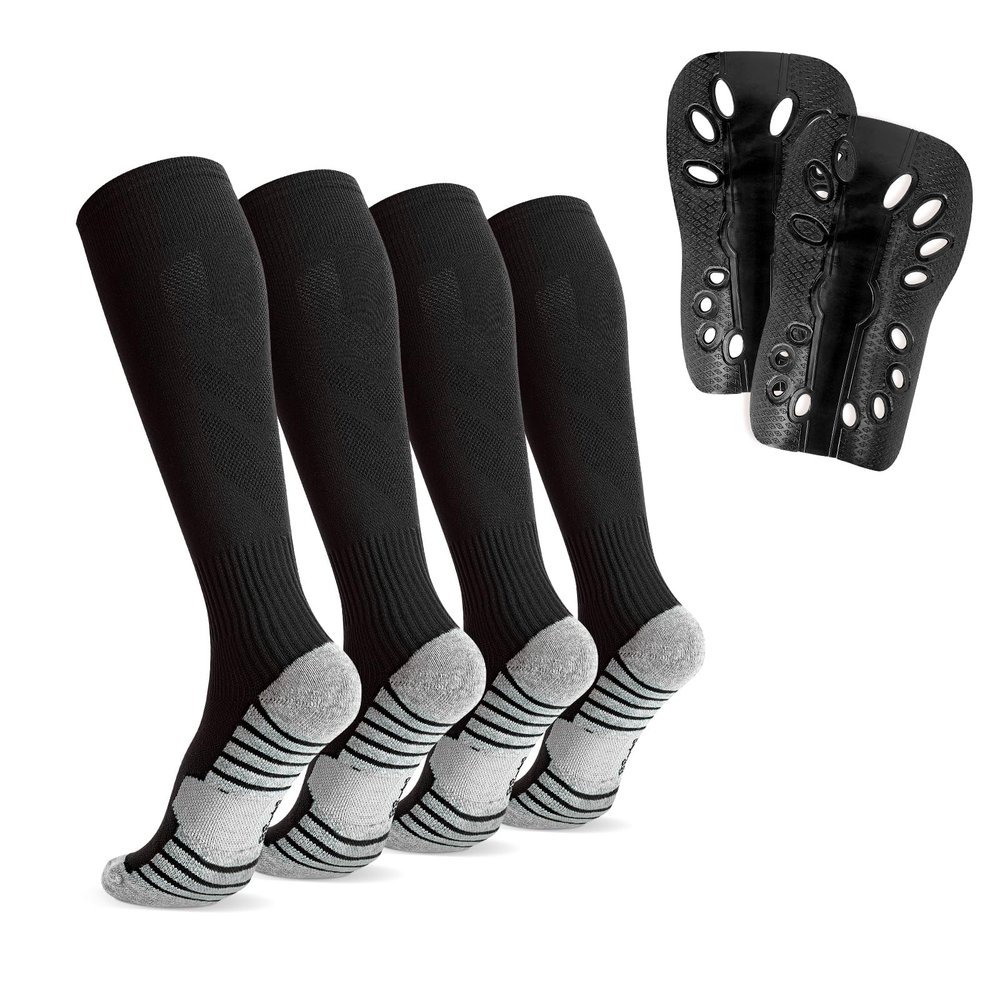 Linkidea Kids Soccer Socks with Shin Guards, 2 Pairs Breathable Knee High Socks with Lightweight Shin Pads, Long Sleeve Cushion Socks for Child 7-9 Years Over The Calf Soccer Socks (Black, M)