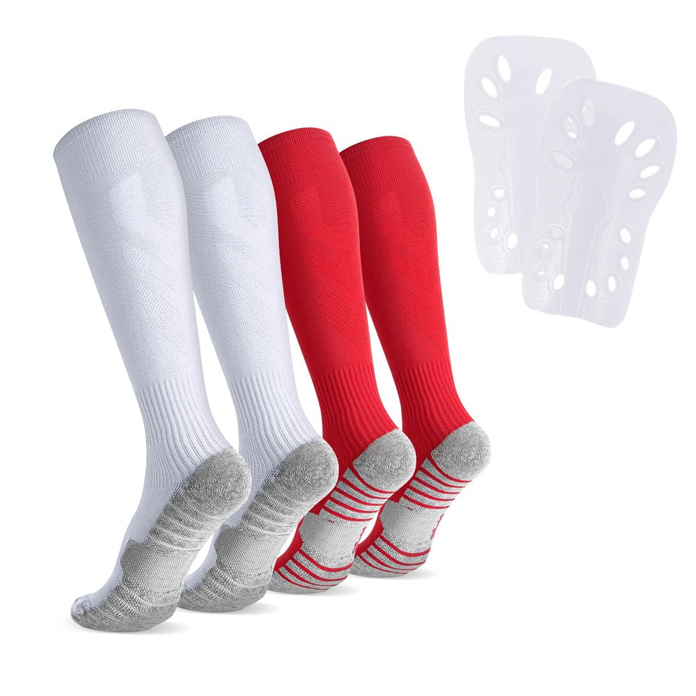 Linkidea Kids Soccer Socks with Shin Guards, 2 Pairs Breathable Knee High Socks with Lightweight Shin Pads, Long Sleeve Cushion Socks for Child 4-6 Years Over Calf Soccer Socks (White&Red, S)