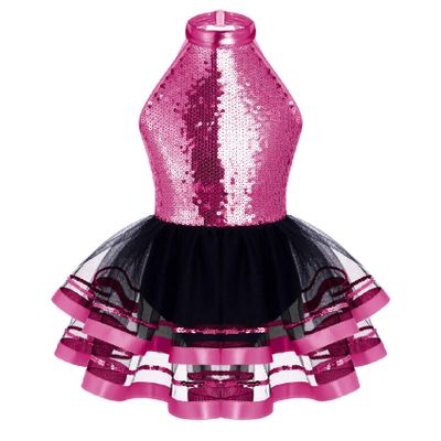 Sinleey Girls Kids Sequins Halter Neck Ballet Dance Leotard Layer Tutu Dress Ballerina Princess Performance Costume Rose B 4 Years