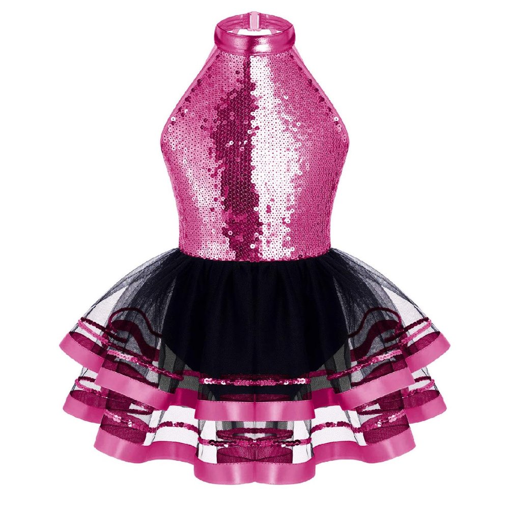 Sinleey Girls Kids Sequins Halter Neck Ballet Dance Leotard Layer Tutu Dress Ballerina Princess Performance Costume Rose B 4 Years