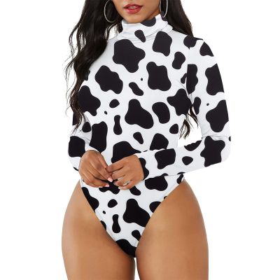 Cow Print Long Sleeve Bodysuit for Women Black Turtleneck Leotard White Mock Turtle Neck Body Suit Shapewear Top Cow Print M