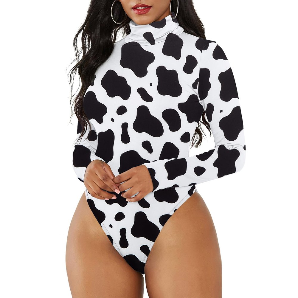 Cow Print Long Sleeve Bodysuit for Women Black Turtleneck Leotard White Mock Turtle Neck Body Suit Shapewear Top Cow Print M