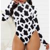 Cow Print Long Sleeve Bodysuit for Women Black Turtleneck Leotard White Mock Turtle Neck Body Suit Shapewear Top Cow Print M view 2
