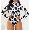 Cow Print Long Sleeve Bodysuit for Women Black Turtleneck Leotard White Mock Turtle Neck Body Suit Shapewear Top Cow Print M view 4