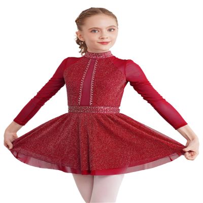 Jizyo Girls Rhinestones Long Sleeve Figure Ice Skating Leotard Dress Kids Roller Skating Dress Ballet Dance Dress Burgundy 14 Years