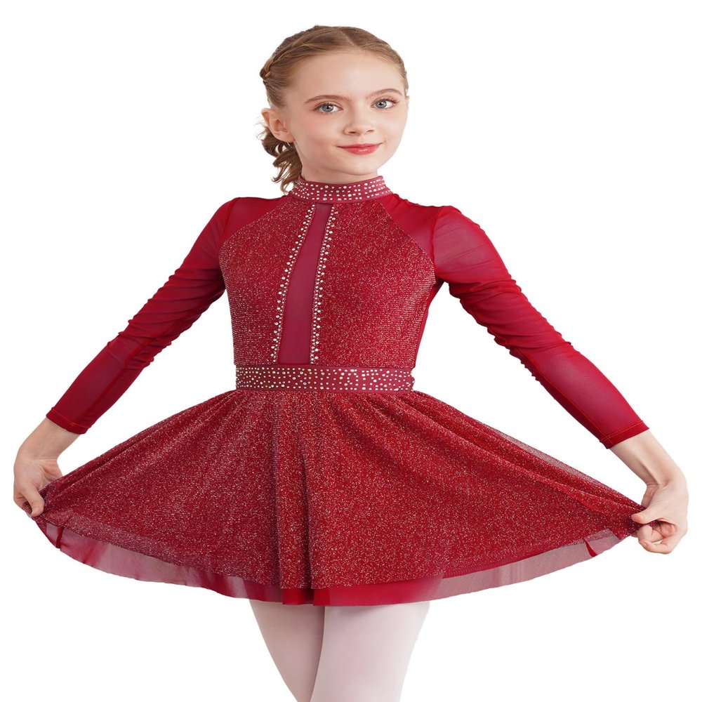 Jizyo Girls Rhinestones Long Sleeve Figure Ice Skating Leotard Dress Kids Roller Skating Dress Ballet Dance Dress Burgundy 14 Years