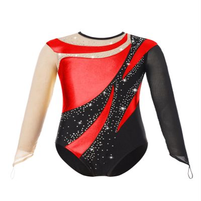 easyforever Kids Girls Sparkly Rhinestone Gymnastics Leotard Mesh Long Sleeve Ballet Dance Bodysuit Skating Jumpsuit Red 12 Years