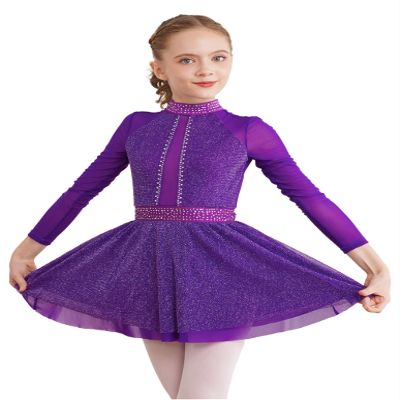 Jizyo Girls Rhinestones Long Sleeve Figure Ice Skating Leotard Dress Kids Roller Skating Dress Ballet Dance Dress Purple 14 Years
