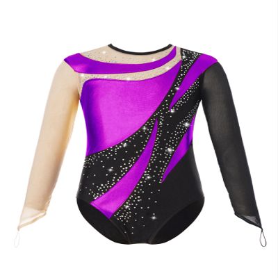 easyforever Kids Girls Sparkly Rhinestone Gymnastics Leotard Mesh Long Sleeve Ballet Dance Bodysuit Skating Jumpsuit Purple 16 Years