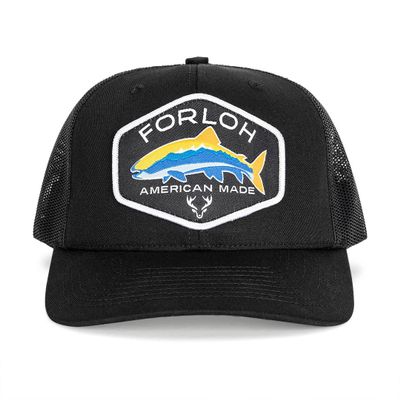 FORLOH Trout Patch Mesh Snapback Hat - Adjustable One-Size Fits All Trucker-Style Cap | Breathable Mesh | Snap Closure, Flex Bill, & Scent Control | Fishing, Hiking, & Everyday (Black)