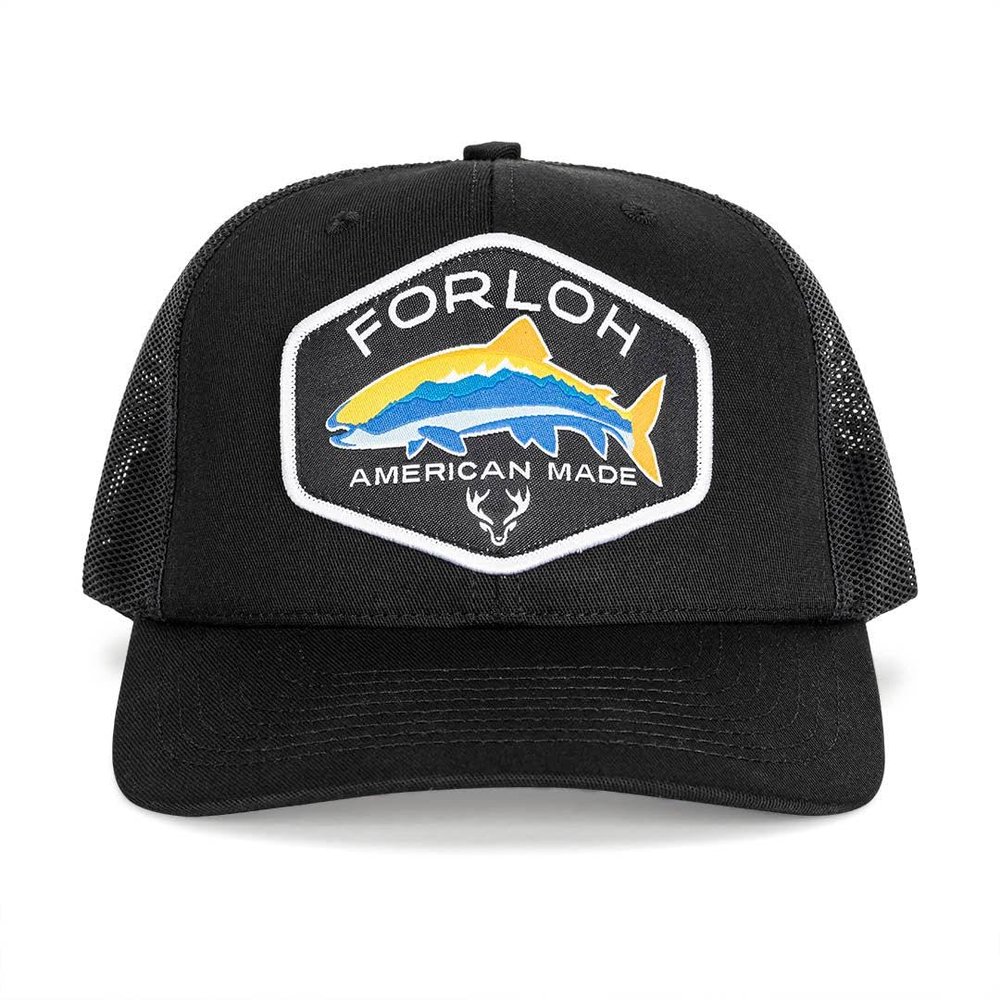 FORLOH Trout Patch Mesh Snapback Hat - Adjustable One-Size Fits All Trucker-Style Cap | Breathable Mesh | Snap Closure, Flex Bill, & Scent Control | Fishing, Hiking, & Everyday (Black)