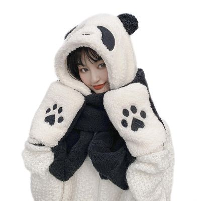 3 in 1 Cute Panda Hooded Hat Gloves Scarf Set Winter Warm Plush Hat Scarf Gloves Mittens Combo for Women Girls