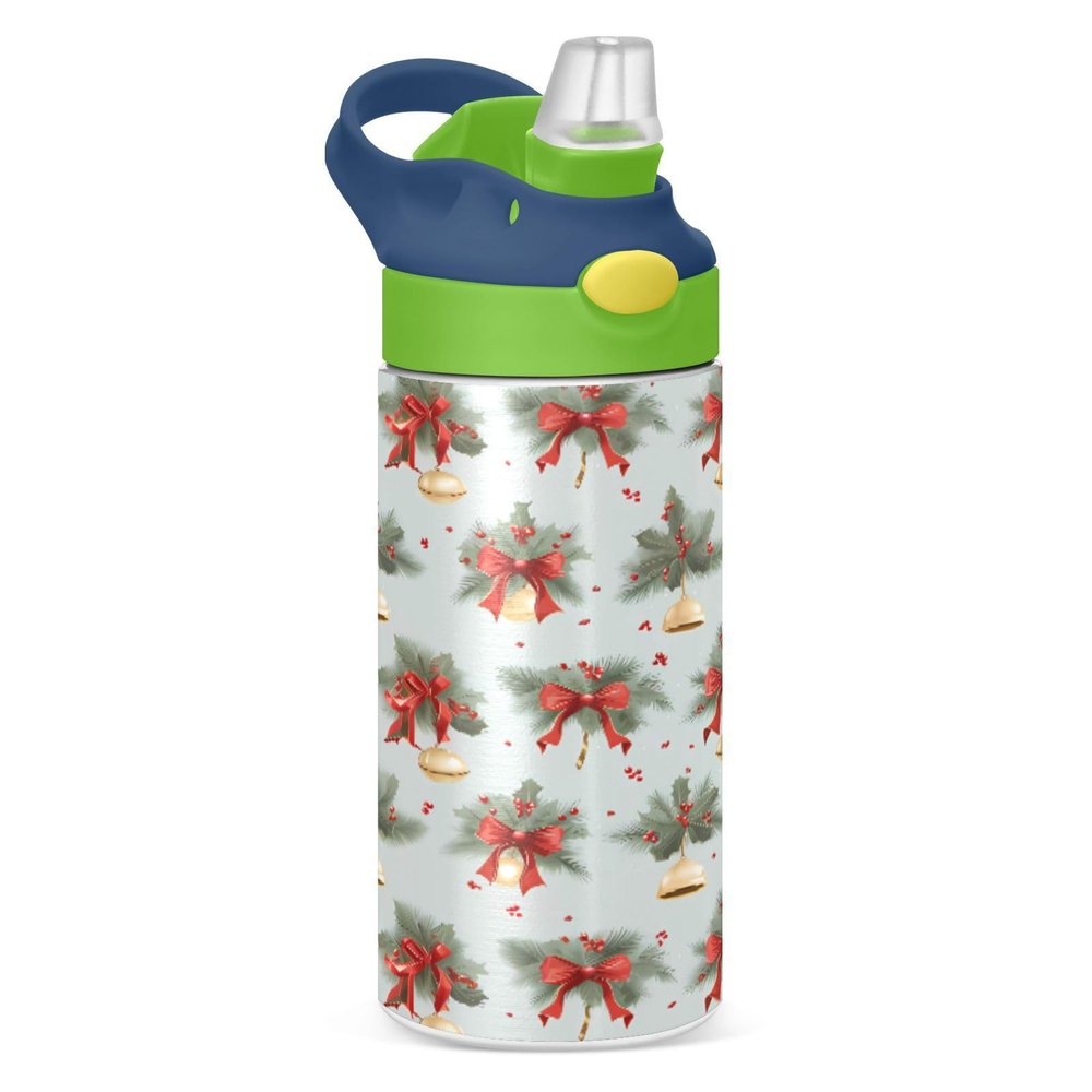 ALAZA Merry Christmas Gold Bell Stylish Xmas 12 Oz Kids Water Bottle with Straw Stainless Steel Vacuum Insulated Cup Tumbler for Children Girls, Boys