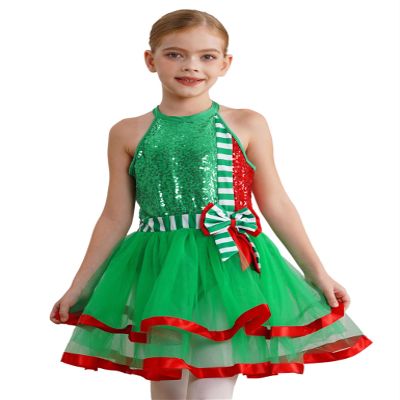 Moggemol Kids Christmas Elf Dress Girls Sequin Figure Skating Dance Performance Dress Ballet Leotard Tutu Skirt Dancewear B#Green12 14 Years