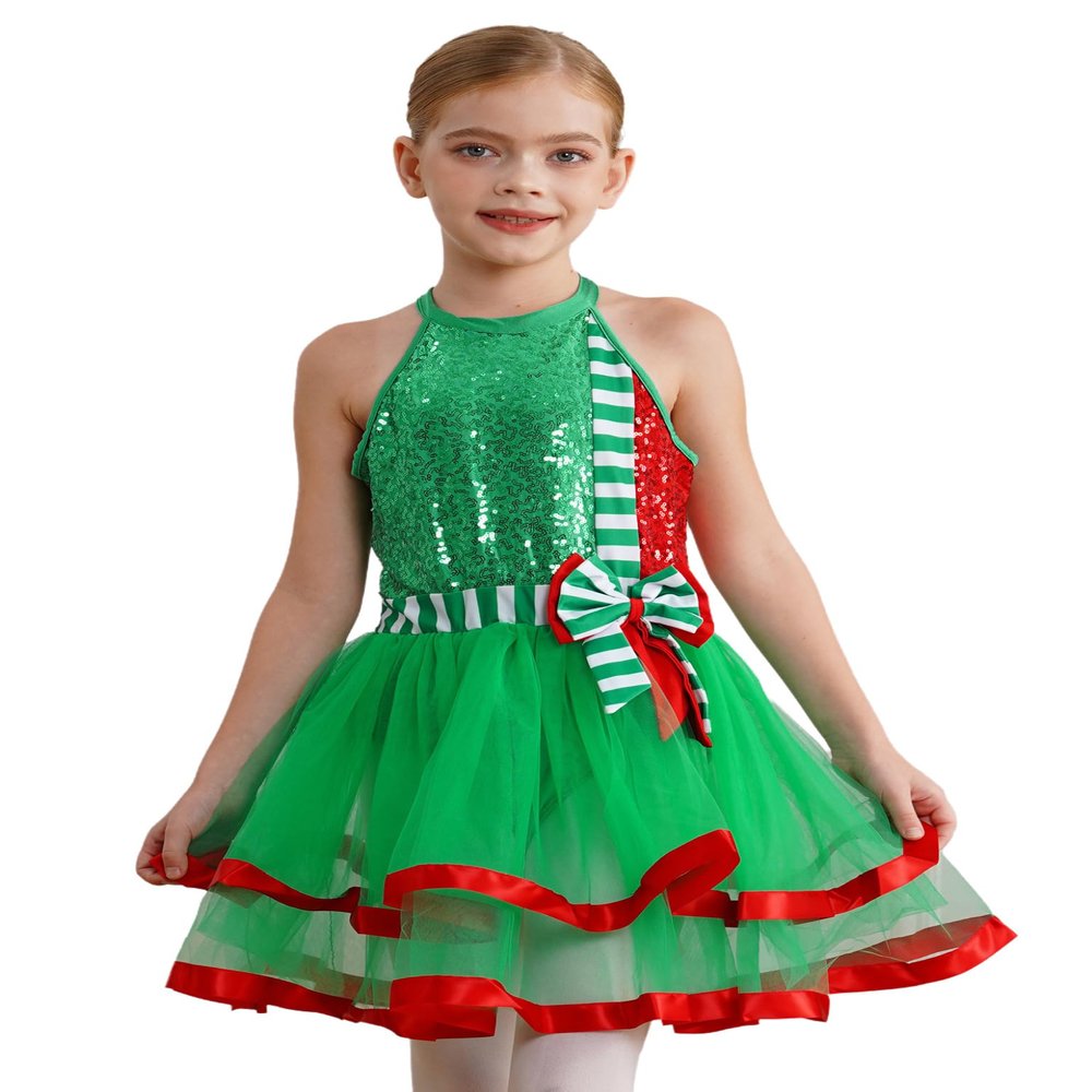 Moggemol Kids Christmas Elf Dress Girls Sequin Figure Skating Dance Performance Dress Ballet Leotard Tutu Skirt Dancewear B#Green12 14 Years