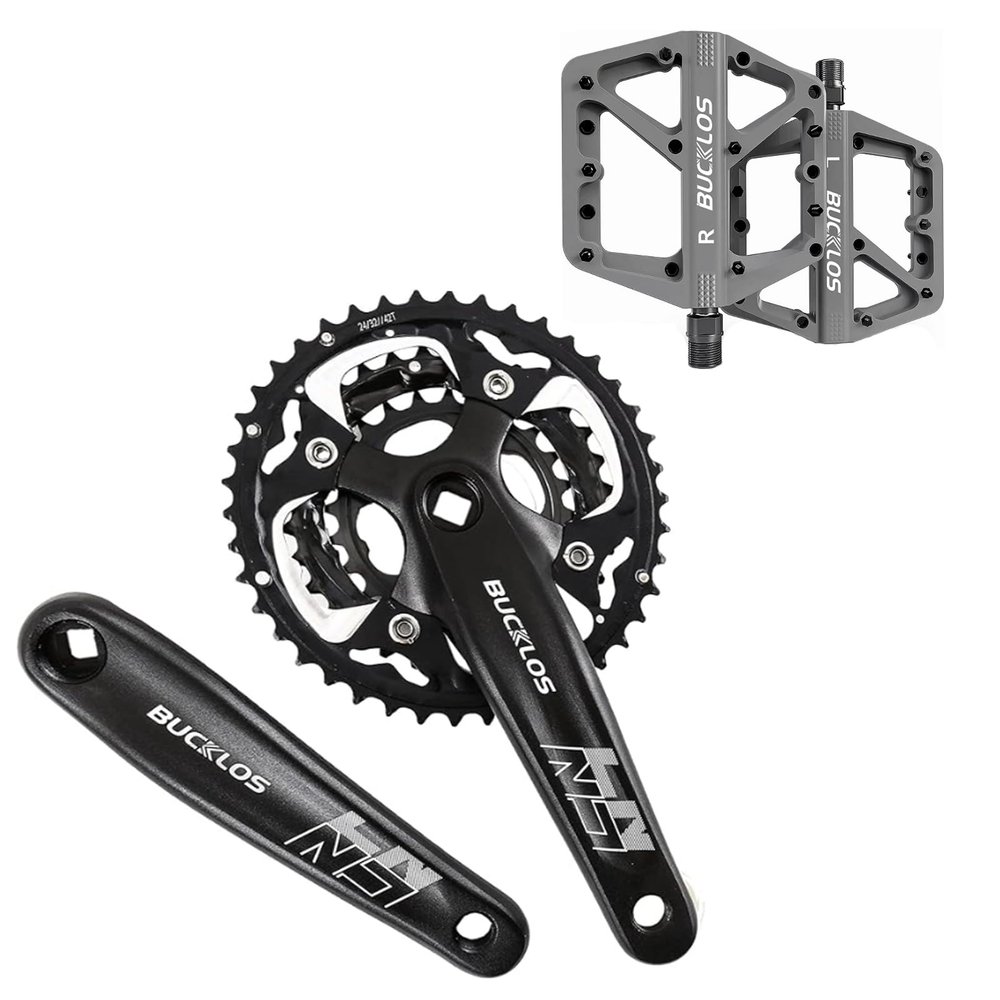BUCKLOS MTB Crankset Square Taper with 22/24/26/32/38/42/44T Chainring Set and BMX Flat Pedals, Nylon Fiber, Mountain Bike, Road Bike, Bicycle Components