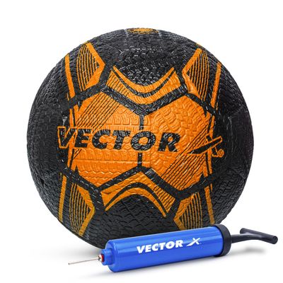 Vector X Street Soccer Rubber Moulded Machine Stitched Football|Training|Match|Sports|Practice|Indoor & Outdoor|Durable & Water-Resistant Soccer ball for Youth, Men, Adult (Black-Orange+Pump) Size : 5