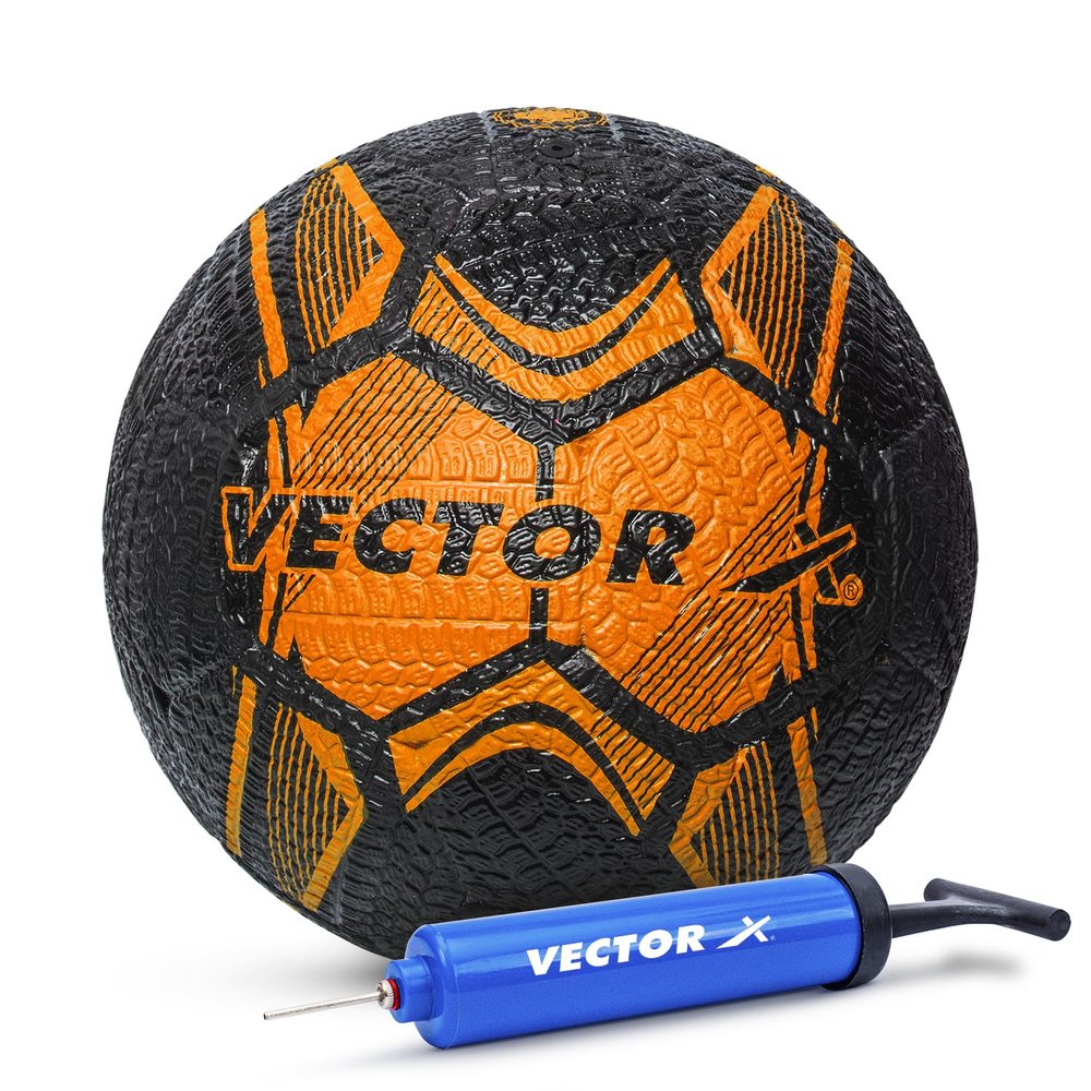 Vector X Street Soccer Rubber Moulded Machine Stitched Football|Training|Match|Sports|Practice|Indoor & Outdoor|Durable & Water-Resistant Soccer ball for Youth, Men, Adult (Black-Orange+Pump) Size : 5
