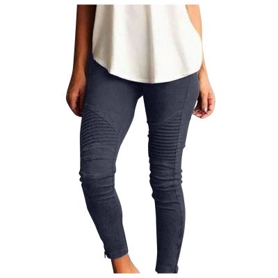 GOKKILRW Stretch Jeggings with Pockets for Women Casual Pull-On Stretchy Leggings Slim Fit Pleated Skinny Jeans Pencil Denim Pants