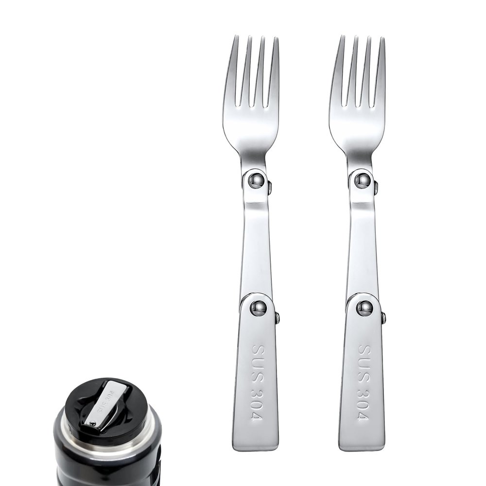 BOXOB 2pcs Silver Stainless Steel Folding Forks, 6.3 Inch, Compatible with THERMOS FUNTAINER 16 Oz Food Jar, Dishwasher Safe, Camping Flatware