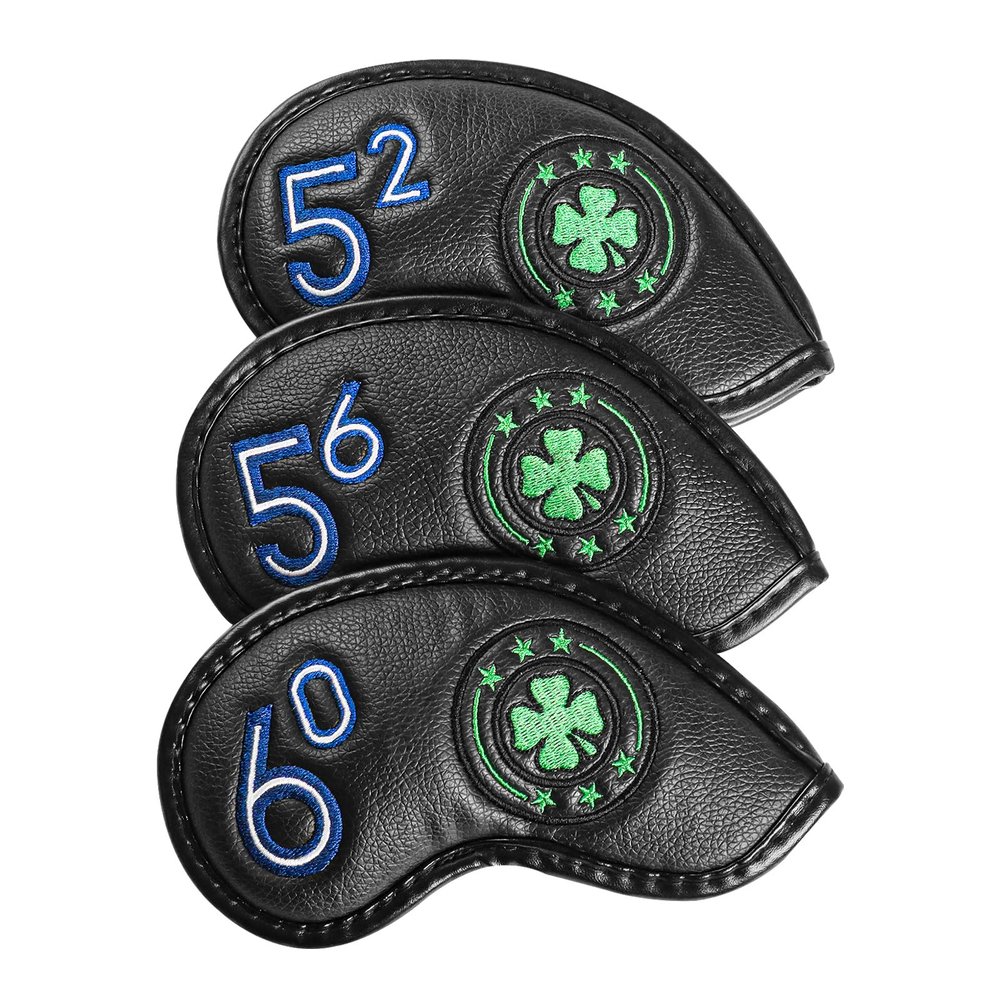 FINGER TEN Golf Iron Wedge Head Covers 52 54 56 60 1 Pc or 1 Set, Stylish Leather Headcover Club Head Protection for Irons, Clover USA Flag Design for Men Women (52, 56, 60(Black&Clover))